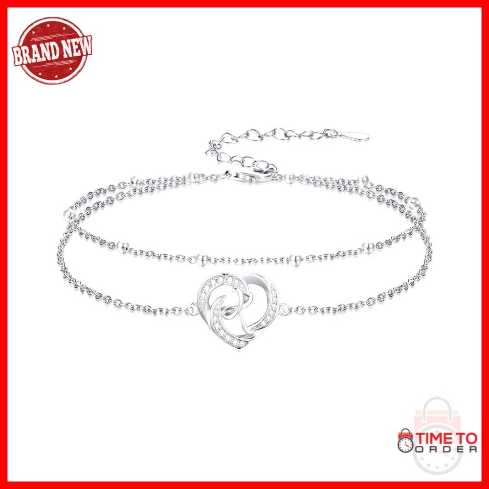 Sterling Silver Initial Anklet Layered Heart Adju… - image 1